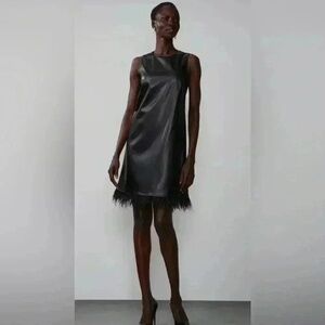 FORCYNTHIA Black Faux Leather Feather Trim Shift Dress Women's Size S